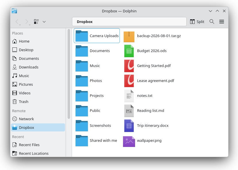 Dolphin showing the contents of dropbox:/ with Dropbox selected in the Remote section of the sidebar