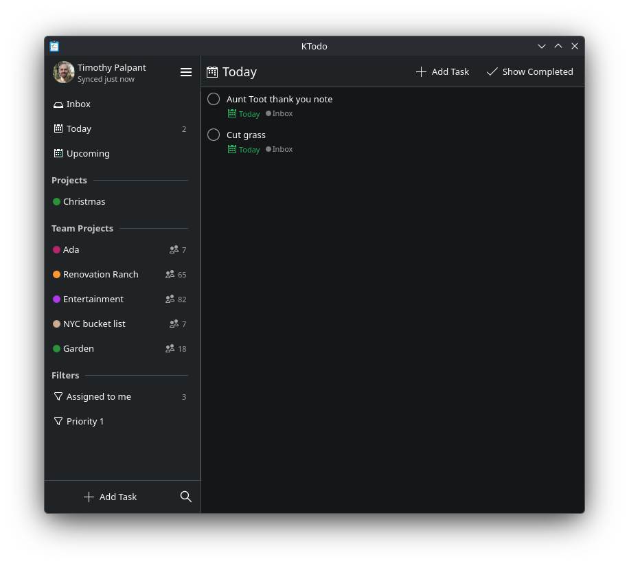 KTodo Today view with projects and saved filters